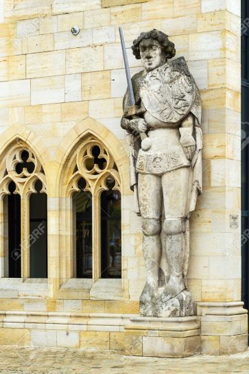 the Roland statue in front of the Town Hall of the Halberstadt city, Germany